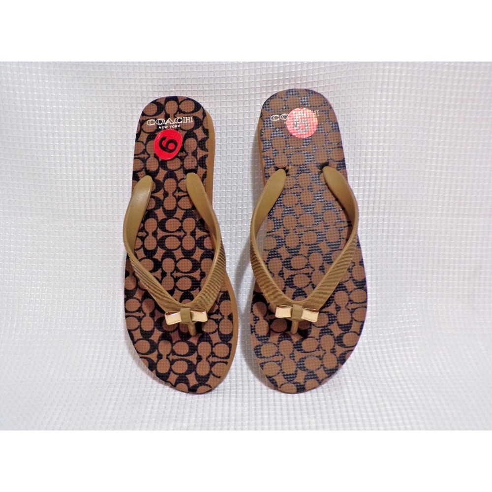 Coach Brown Logo Monogram Pattern Gold Bow Accents Flip-Flops Thongs Size 6